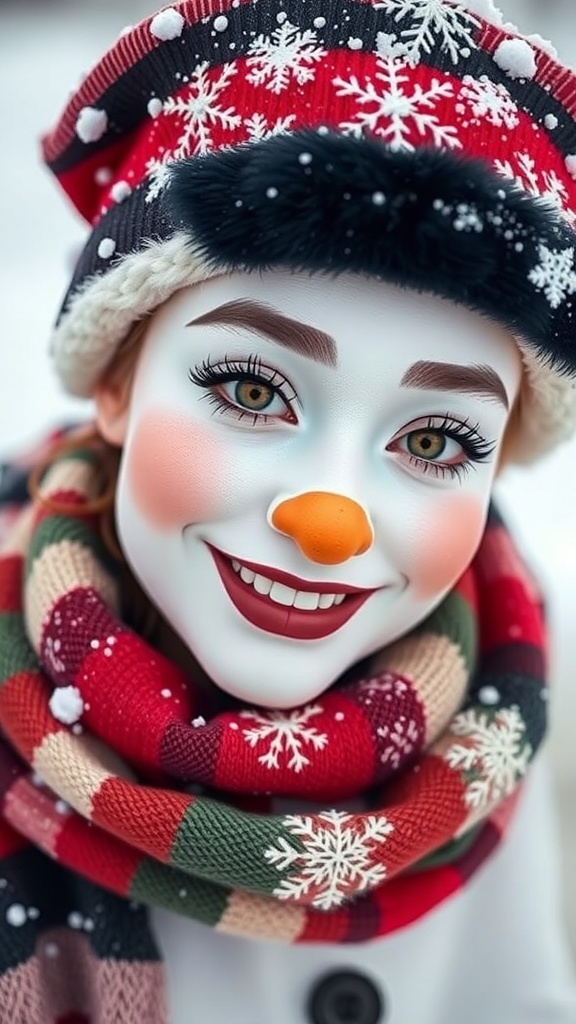 A festive snowman makeup look with white face paint, black eyes, orange nose, and rosy cheeks, accessorized with a scarf and hat.